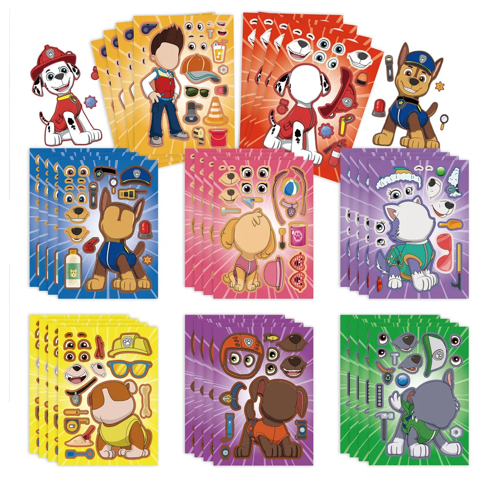 16 Blatt PAW Patrol Puzzle Anime-Aufkleber Chase Make-a-Face zum Zusammenbauen, lustiger Cartoon-Aufkleber zum Zusammenbauen, Puzzle, Kindergeschenk, Jungenspielzeug