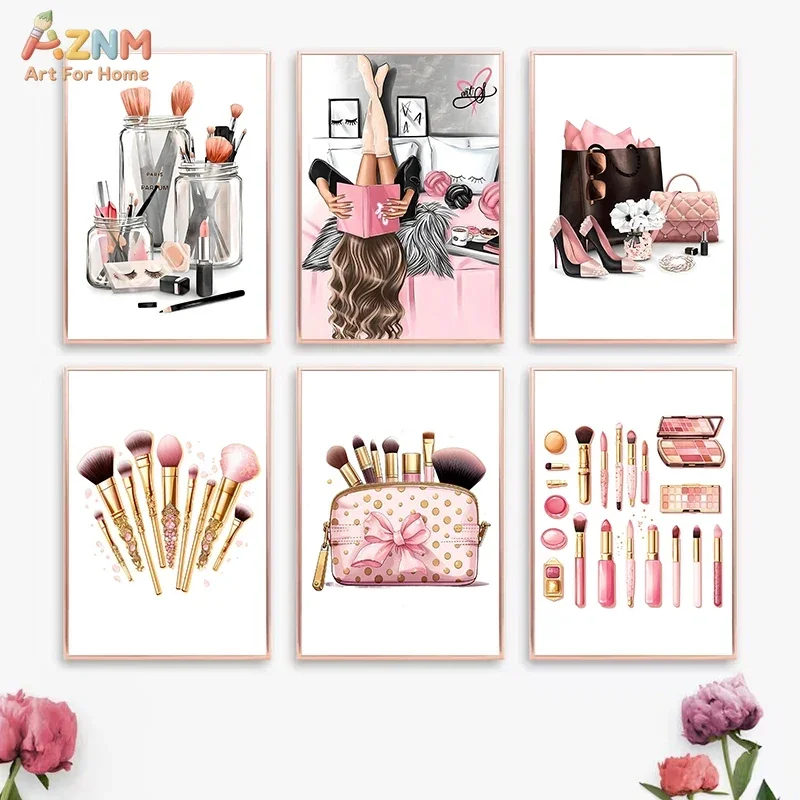AZNM Pink Girly Makeup Canvas Wall Art, Cosmetic Brushes Lipstick High Heel Handbag Fashion Beauty Illustration Print, Frameless