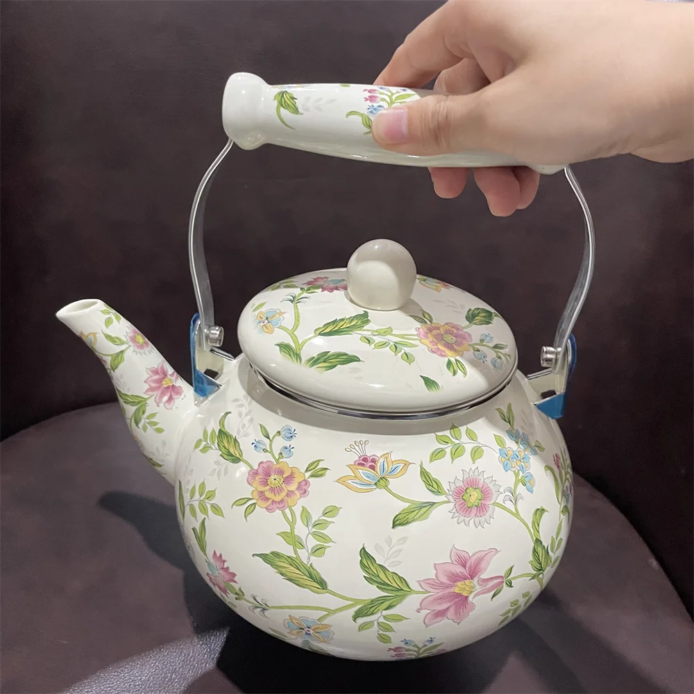 Kitchenware Vintage Style Enamelling Botanical Flower Teapot, Kitchen Water Pot, Thickened , 2.5 L