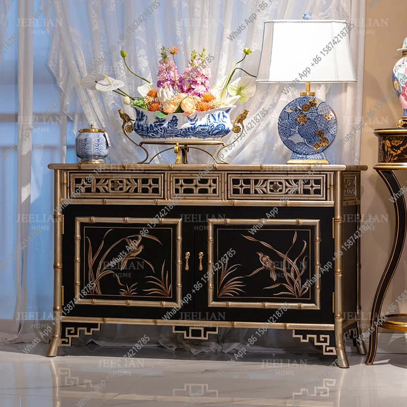 American European Luxury Solid Wood Gold Leaf Hand-Painted Orchid Flower Bird 1.4m Bamboo Storage Foyer Entrance Cabinet
