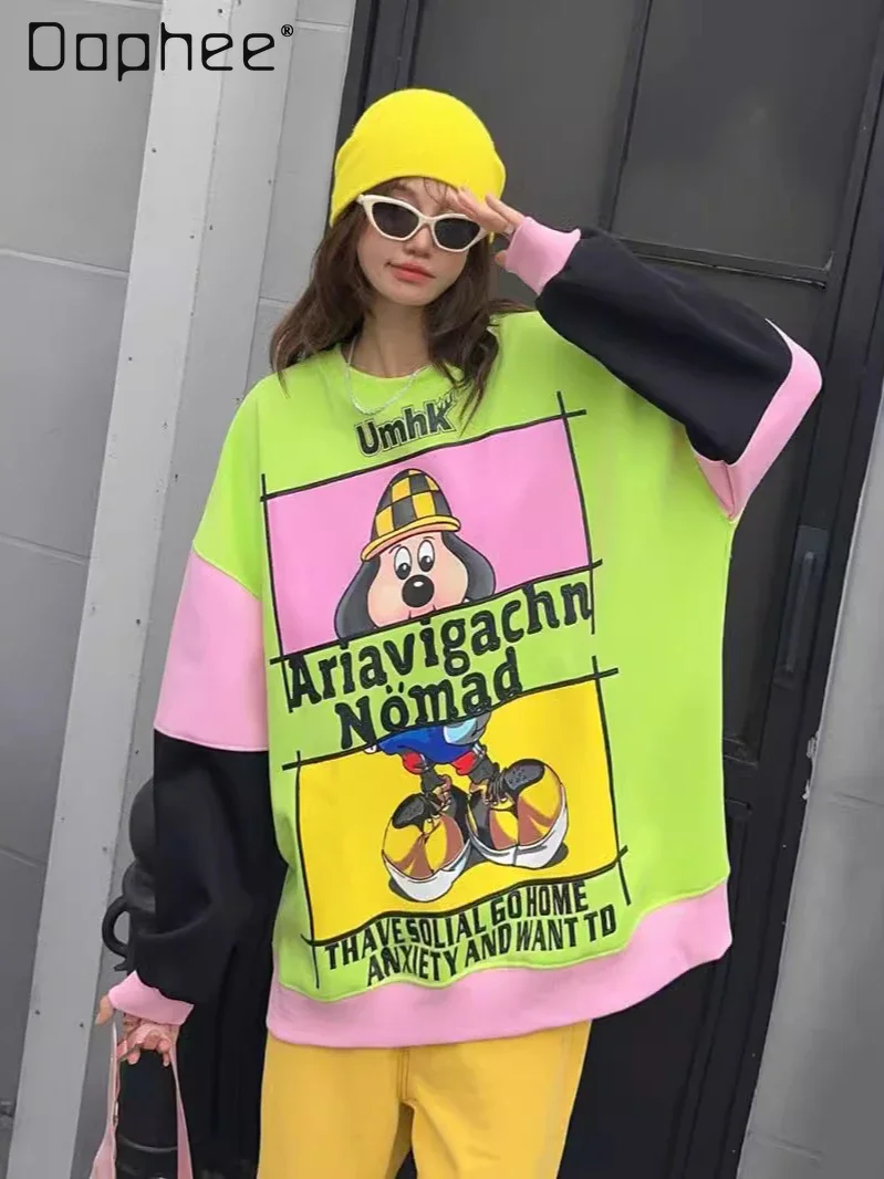 European Goods Spring and Autumn Cartoon Splicing Contrasting Sweatshirts Women Loose Casual Tops Printed Oversized Hoodies