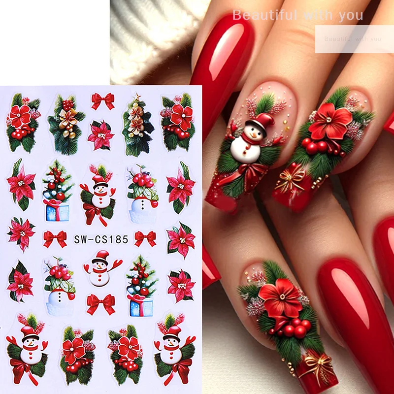 

3D Christmas Nail Art Stickers Winter Gingerbread Man Red Santa Claus Tree Bear Snowman Deer Sliders Decals Manicure Decorstion