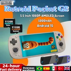 Retroid Pocket G2 Handheld Game Console 5.5 Inch 1080P AMOLED Screen Android 15 RP G2 Hall-Effect Joystick 5000mAh PSP PS2 Gift
