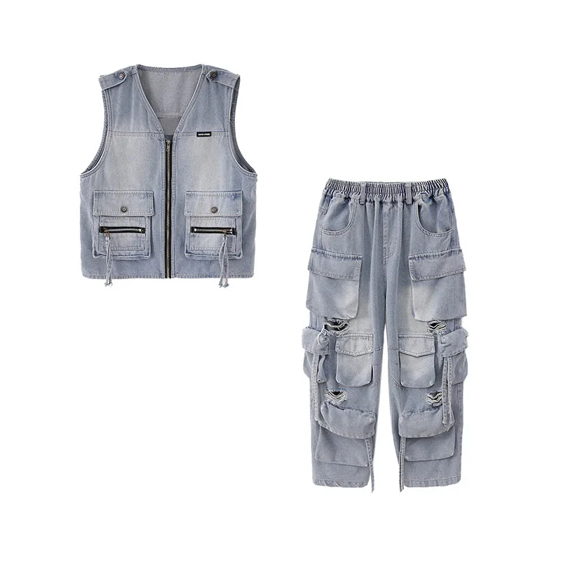 Hip hop meninos camiseta retro denim colete rasgado jeans meninas streetwear calças de carga crianças roupas de dança rua crianças traje palco