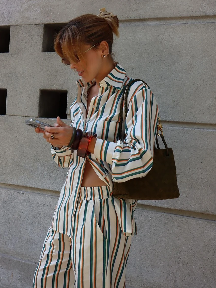 Marthaqiqi Striped Loose Women'S Nightwear Set Long Sleeve Nightgowns Turn-Down Collar Pajama Pants Casual Ladies Sleepwear Suit