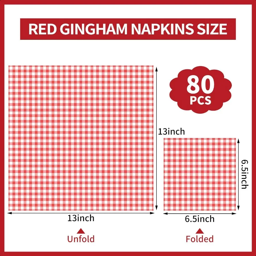 80枚入り レッドギンガムナプキン 6.5×6.5インチ 赤と白のチェック柄ナプキン 格子柄ピクニックナプキン ギンガムパーティーナプキン バーベキューバー用