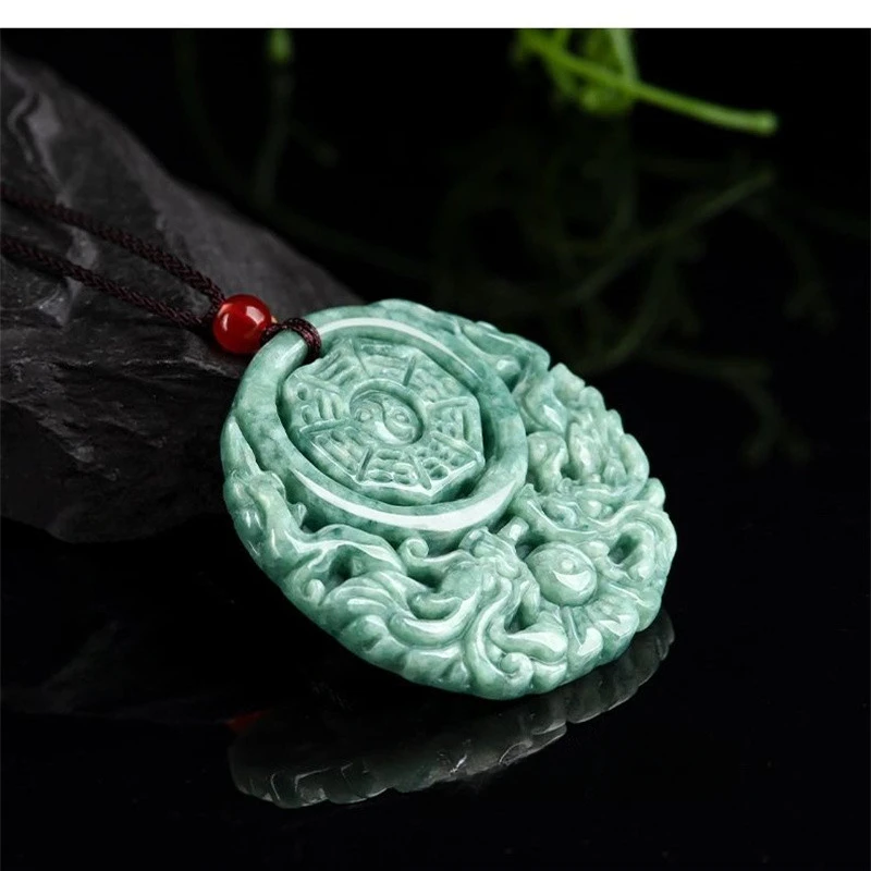 Natural A Cargo Jade Bean Green Shuanglong Gossip Antique Brand Pendant Men and Women Retro Jade Pendant