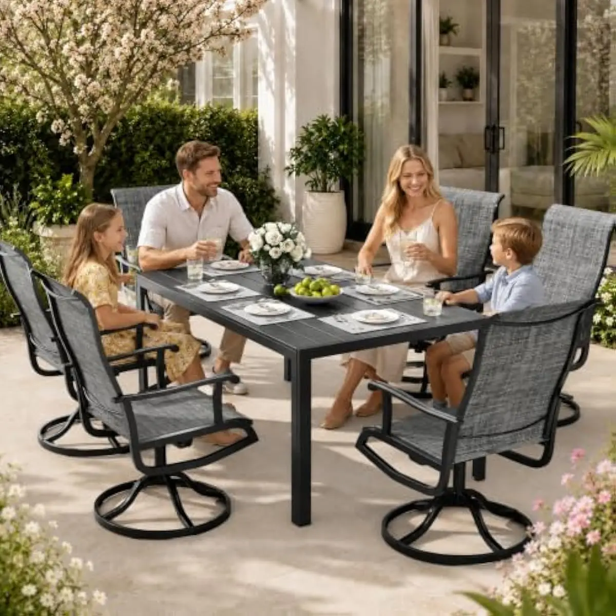 7-Piece Modern Rectangular Patio Set Featuring Weatherproof HDPE Table with Umbrella Opening Plus Six 360-Degree Rotating Textil