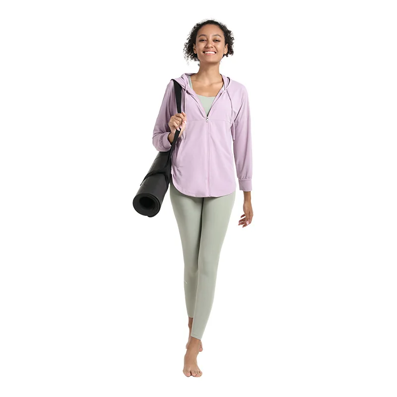 Solid Color Women Sport Long Sleeve Ziphooded Cardigan Casual Yoga Wear Coat Fitness Top Comprehensive Training Sun Protection