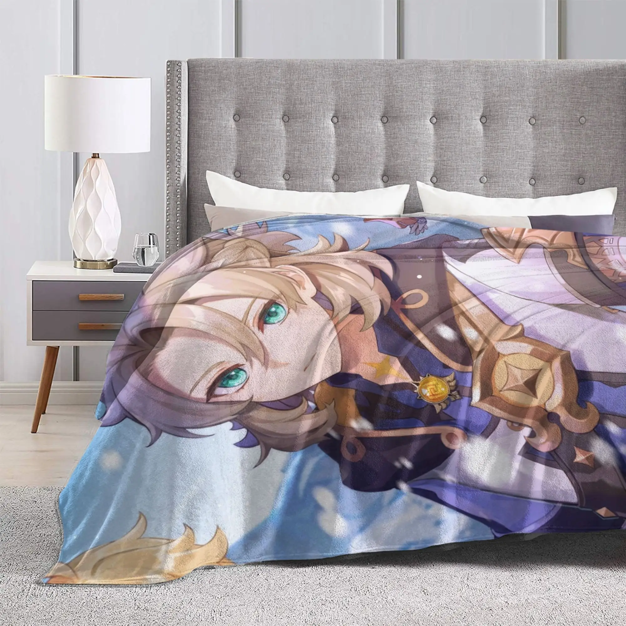 Albedo Genshin Impact Fleece Throw Blankets Cute Amine Game Blankets for Sofa Bedroom Lightweight Thin Quilt