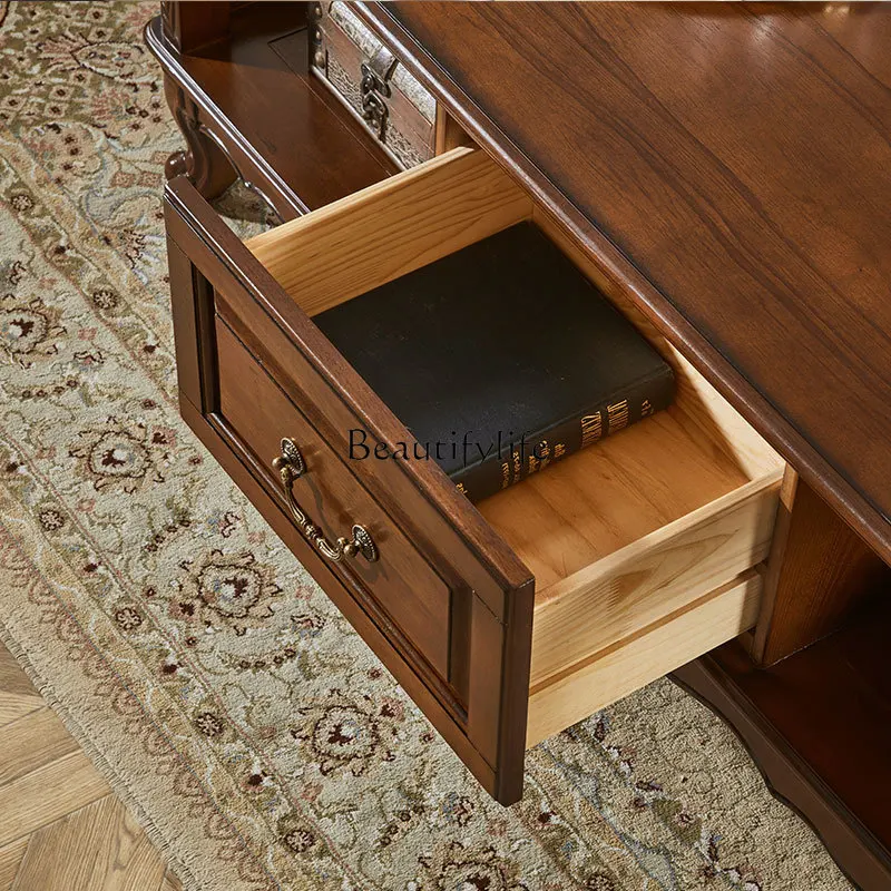 American solid wood coffee table rectangular living room with drawers storage household tea table