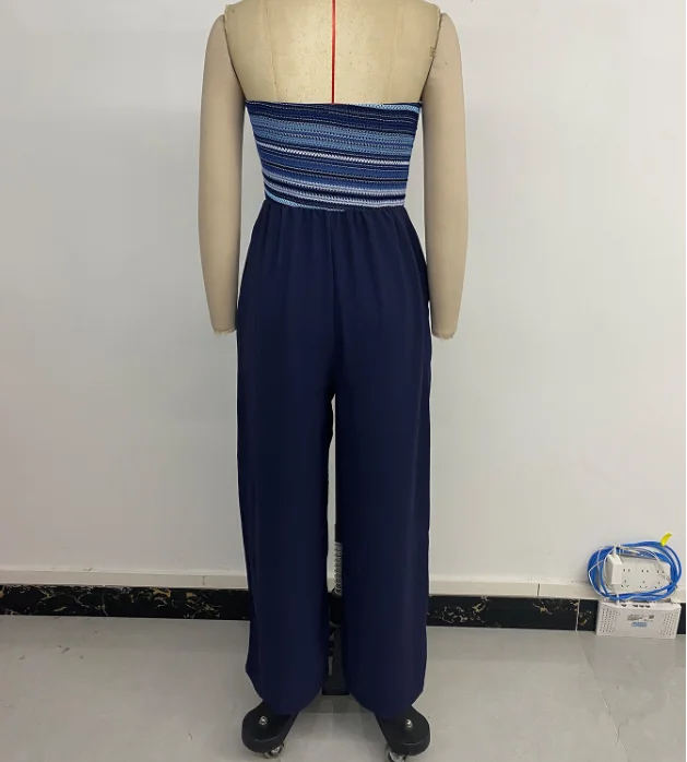 Jumpsuit Woman Summer Casual Jumpsuit Strapless Elastic Splicing Striped Printed Casual High Waisted Slim Fit Wide Leg Jumpsuit
