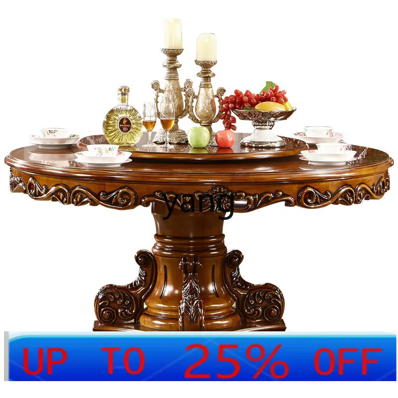 

LMM all solid wood neoclassical marble solid wood American turntable round restaurant dining table and chair combination