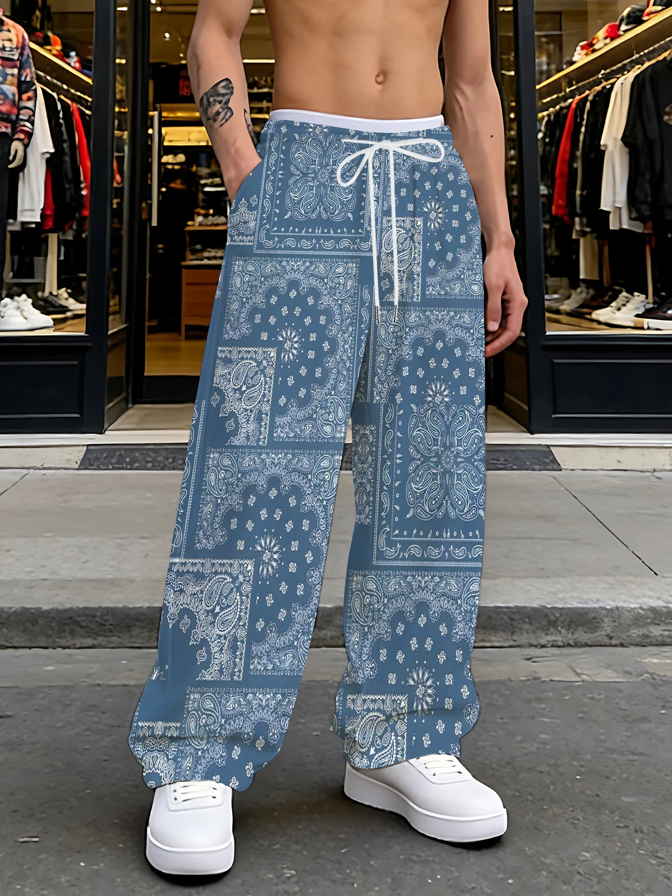 

Polyester Fiber All-Over Print Straight-Leg Pants - Breathable & Versatile for Summer