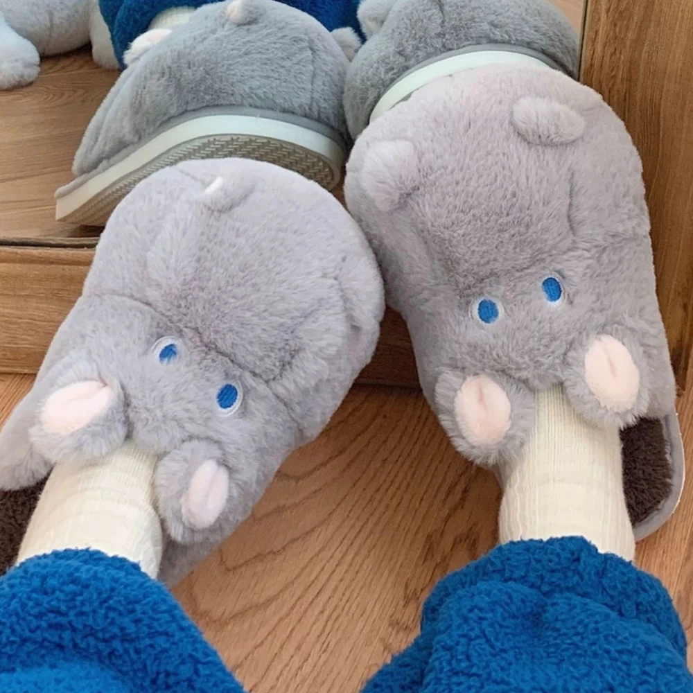 Inverno donna carino casa pantofole di peluche cartone animato ippopotamo caldo fodera in pelliccia sintetica soffice accogliente piatto antiscivolo