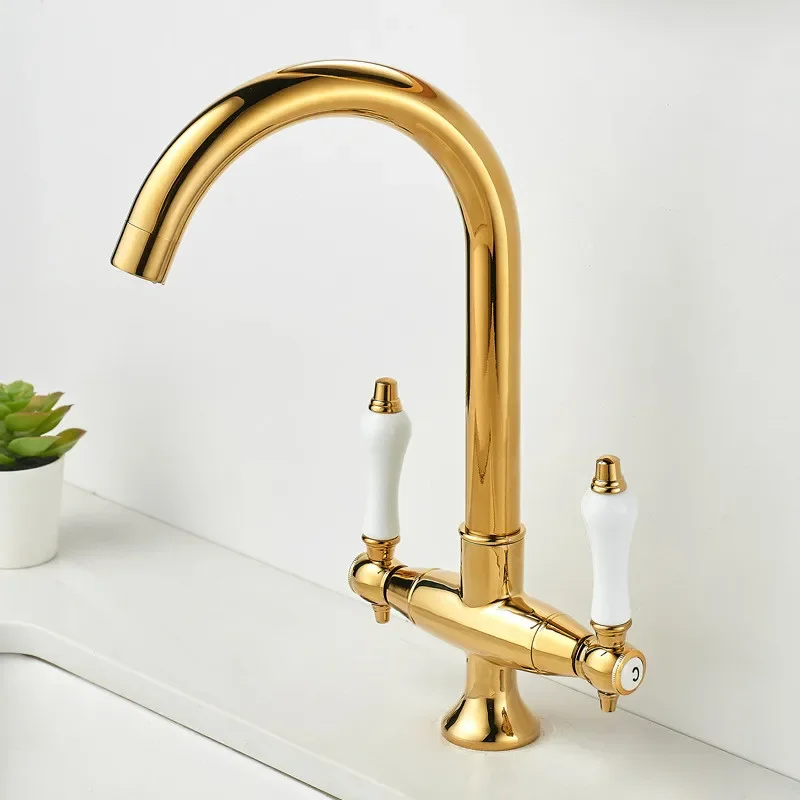 

Gold bathroom faucet Chrome Basin faucet Deck Mounted Kitchen Faucet sink tap Hot Cold Double Handle basin Tap Brass