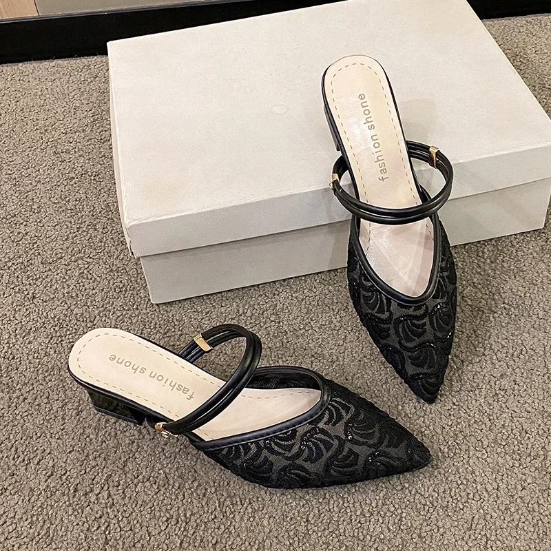 

Pop Baotou Half Slippers Thick Heel Outer Wear 2025 Summer New Mesh Sandals Middle Heel Breathable Cool Slippers