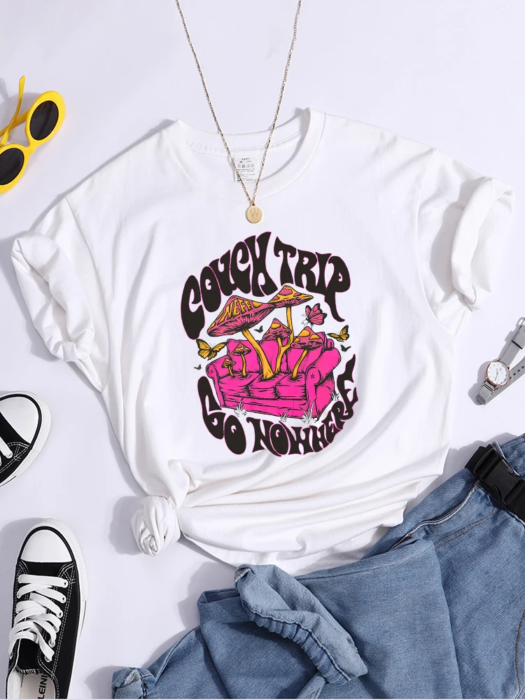 Cottagecore Aesthetic Mushroom Couch Trip Go Nowhere Female Tshirt Fashion Loose Tee Shirt Street Summer Tops Creativity Clothes