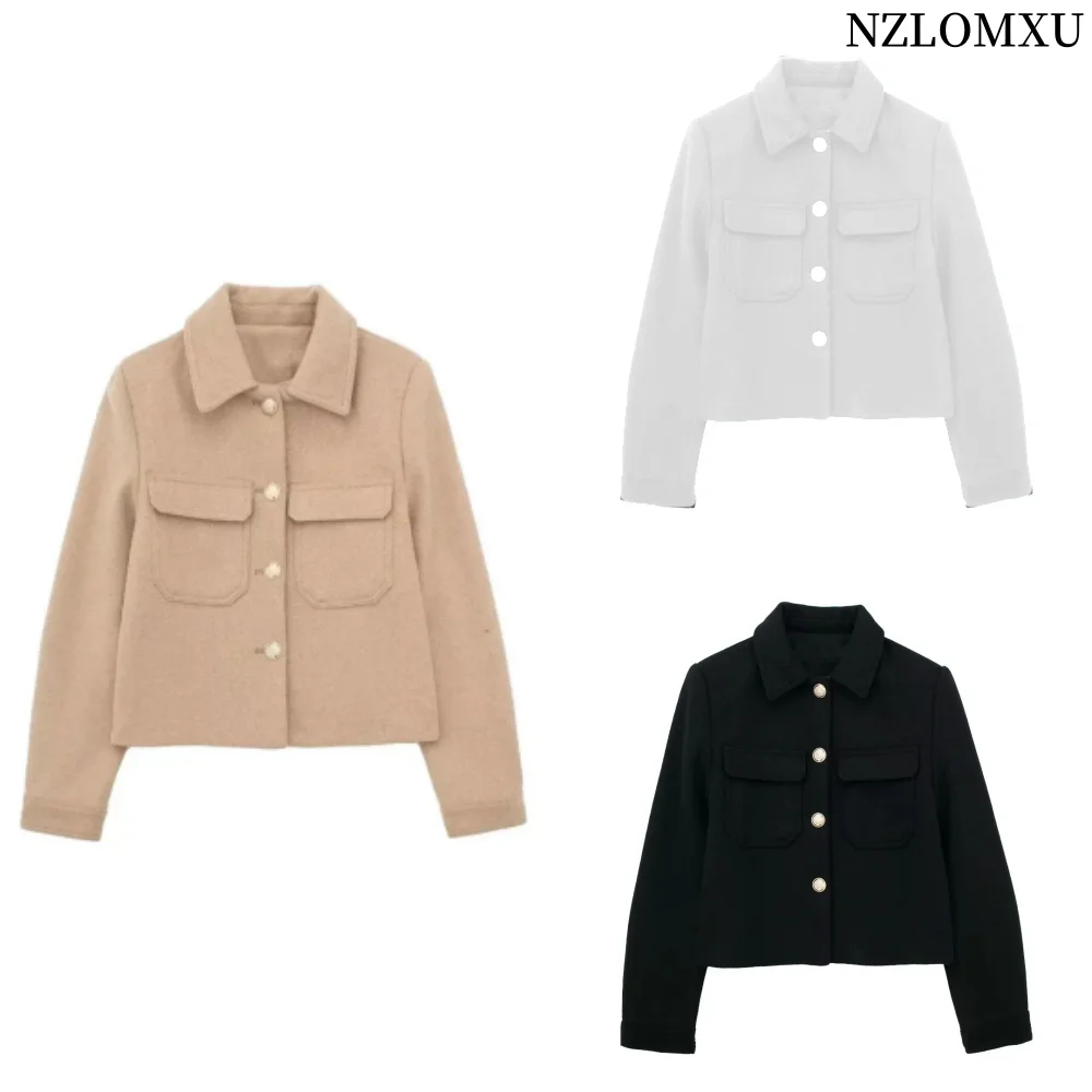 2024 Autumn Women Pocket Wool Blend Short Blazer Jacket Coats Fashion Single Breasted Vintage Long Sleeve Casual Slim Tops