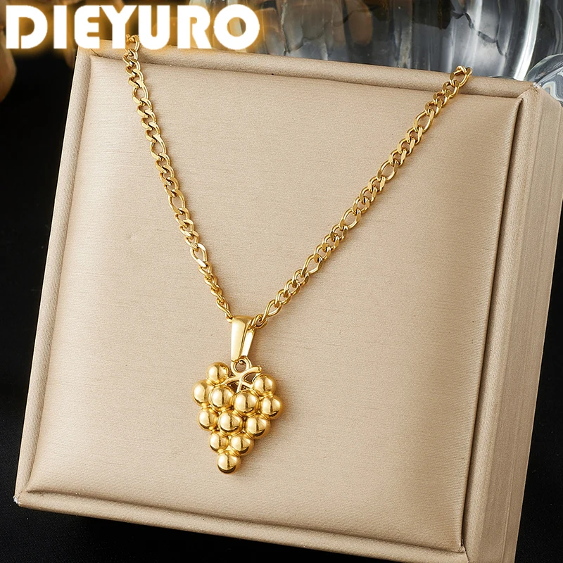 DIEYURO 316L Stainless Steel 18K Gold Plated 3D Grape Cluster Pendant Necklace For Women Fruit Charm Figaro Chain Jewelry Gift