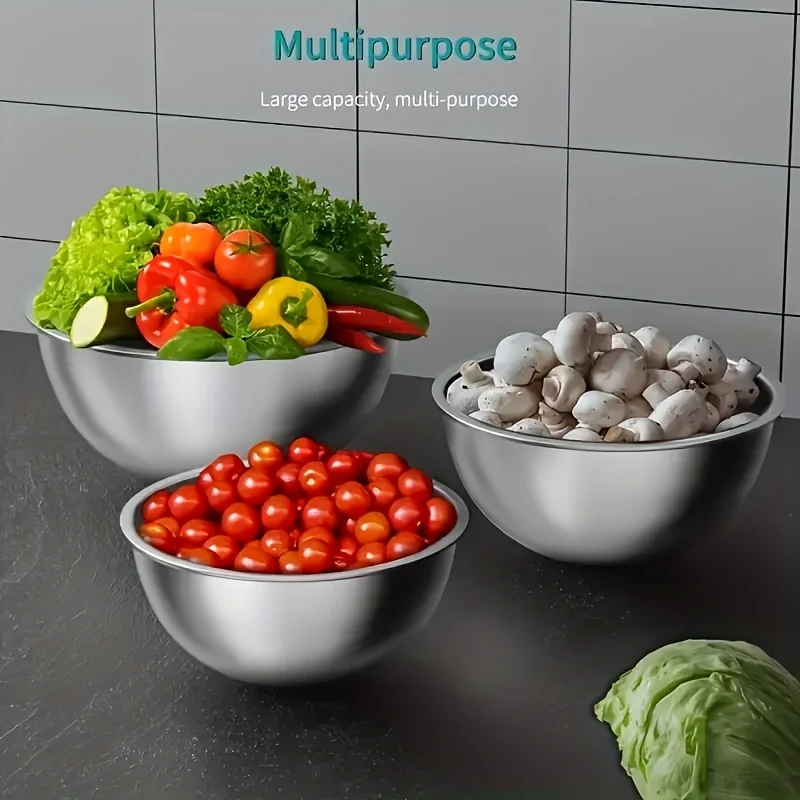 3pcs Set of Stainless Steel Mixing Bowls with Measuring Marks, Perfect for Cooking, Baking, Preparation, and Household Use