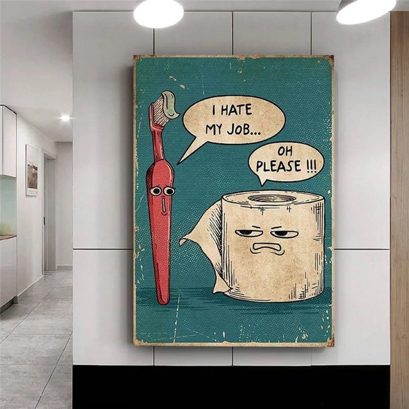 I Hate My Jobs Funny Toothbrush and Grumpy Bear Toilet Paper Poster Print Unique Humorous Canvas Painting Wall Bathroom Decor