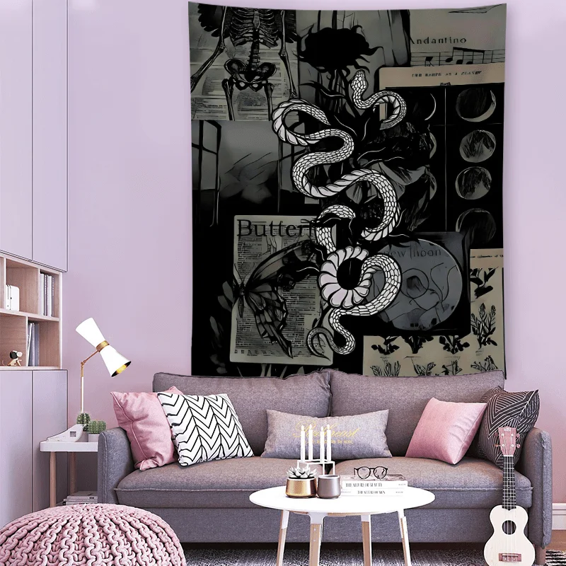 VIKAMA Dark Artistic Tapestry with Snake Bone and Butterfly Wing Craftsmanship Unique Living Room Studio Bohemian Home Decor