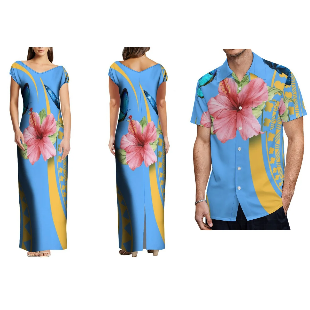 Polynesian Floral Print Hawaiian Couple Clothing For Women V-Neck Long Dress For Men Casual Shirt Samoa High Quality Party Dress