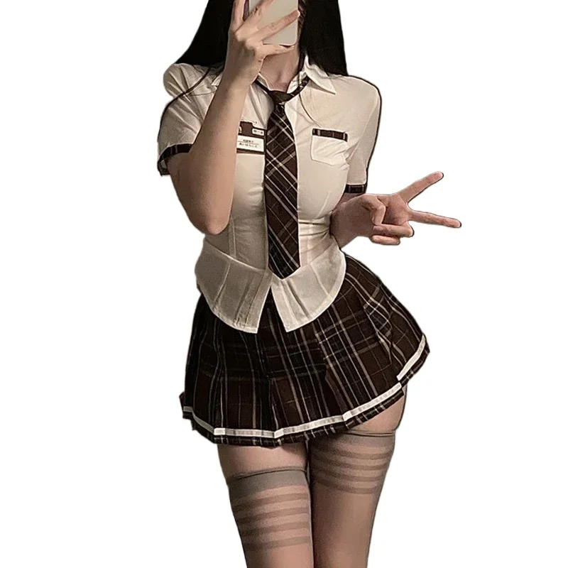 Sexy Student Uniform Set for Women School Girls Themed Party Cosplay Costume Mini Skirt Tight Blouse Set Outfit Lingerie Clubwea