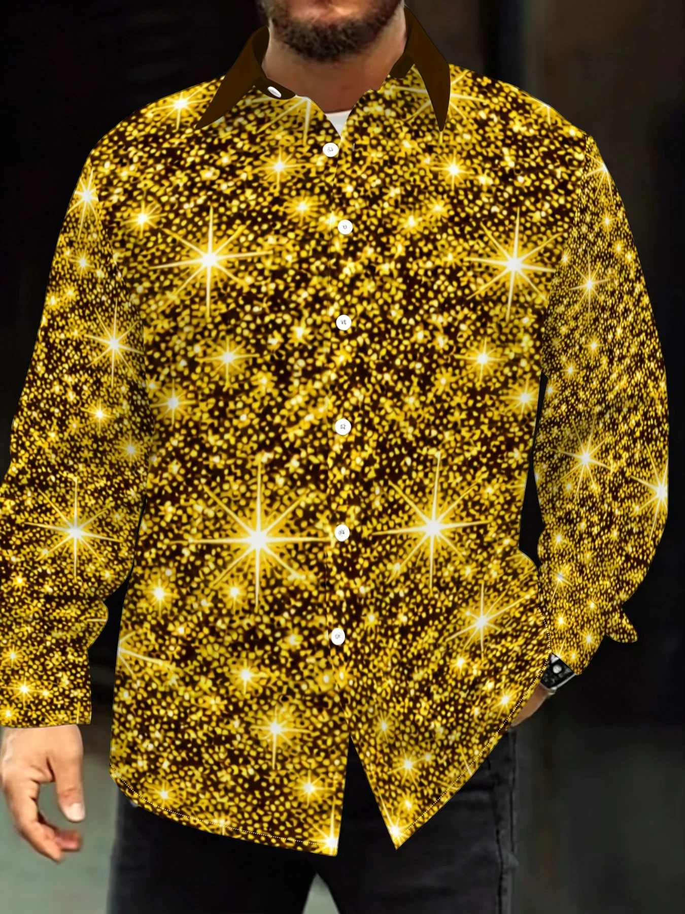 Fashion Men Button‑Up Shirt Shiny Golden Star Glow Art Print Polyester Holiday Celebration Club