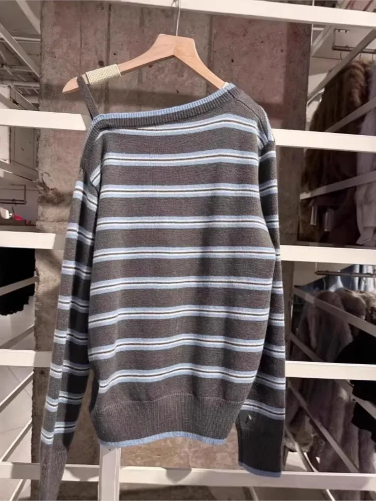 Striped Off-the-shoulder Knitted Cardigan Women Spring Streetwear Sexy Button Sweater Coat Simple Sweet Preppy Style Sweaters view 4