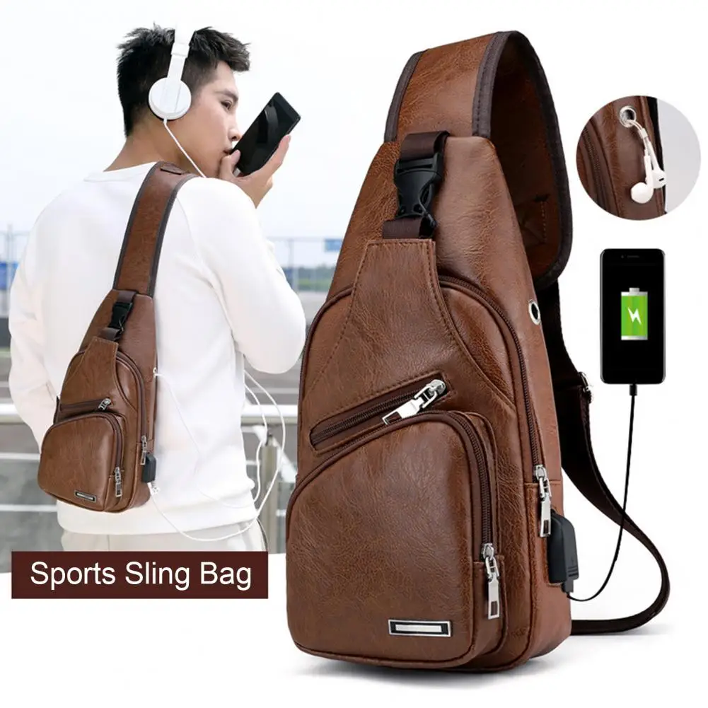 

Men Crossbody Bag Faux Leather Sling Bag Zipper Closure Chest Bags Adjustable Travel Bag Sports Crossbody Sling Backpack