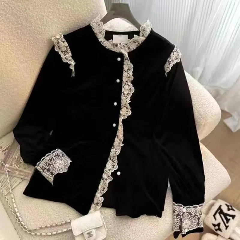 Women Shirt Blouse Lace  Autumn Winter Velvet Long Sleeve Top for  Blusas Ropa De Mujer Black 2024 Tops