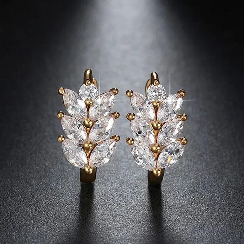 Huitan Leaf Shape Hoop Earrings Women with Marquise White Cubic Zirconia Fashion Contracted Small Circle  Trendy Jewelry