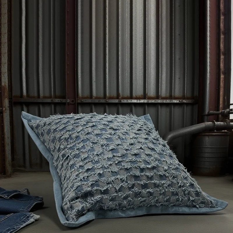 Blue Jean Pillows Tassel Check Cushion Case Classical Retro Industry Square Decorative Pillow Cover For Sofa Chair Home Decor