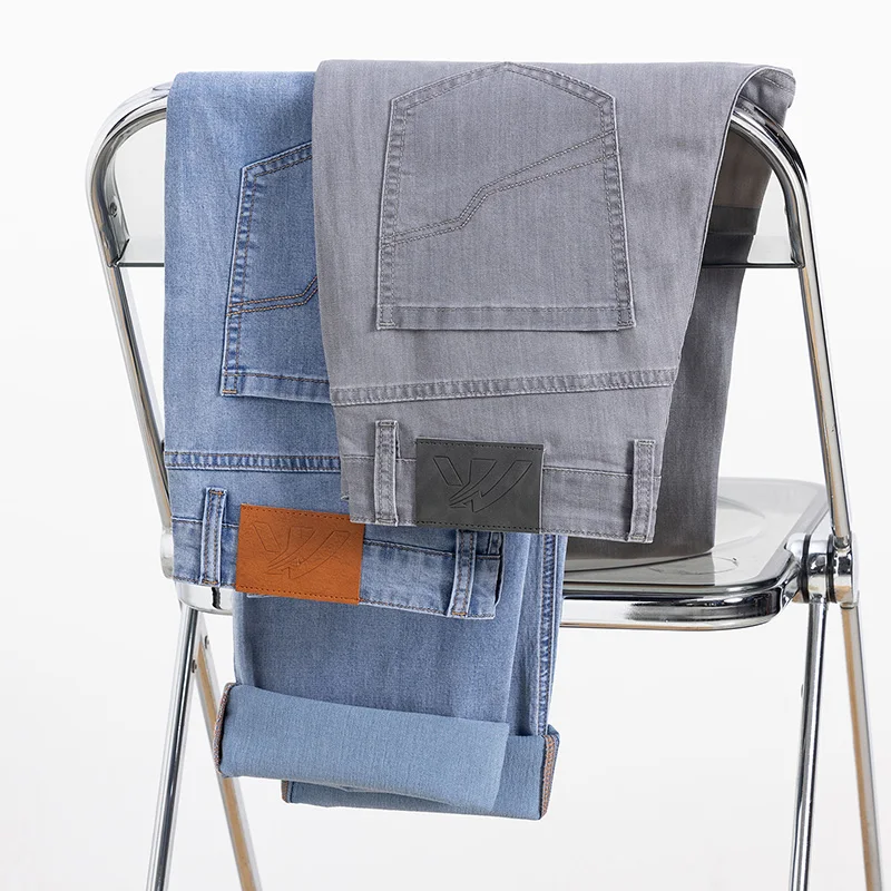

Spring Summer Thin Lyocell Jeans Men's Fashion Breathable Loose Business Straight Denim Pants Cool Ice Silk Casual Trousers