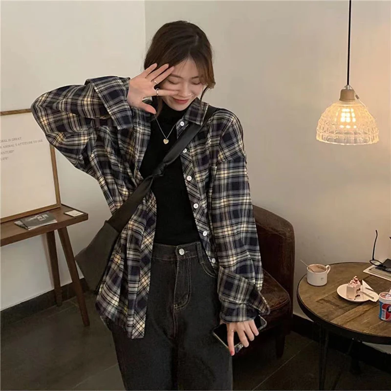 Zoki Women Vintage Plaid Shirt Bf Oversized Korean Loose All Match Long Sleeve Shirts Harajuku Spring Summer Casual Tops 3Xl