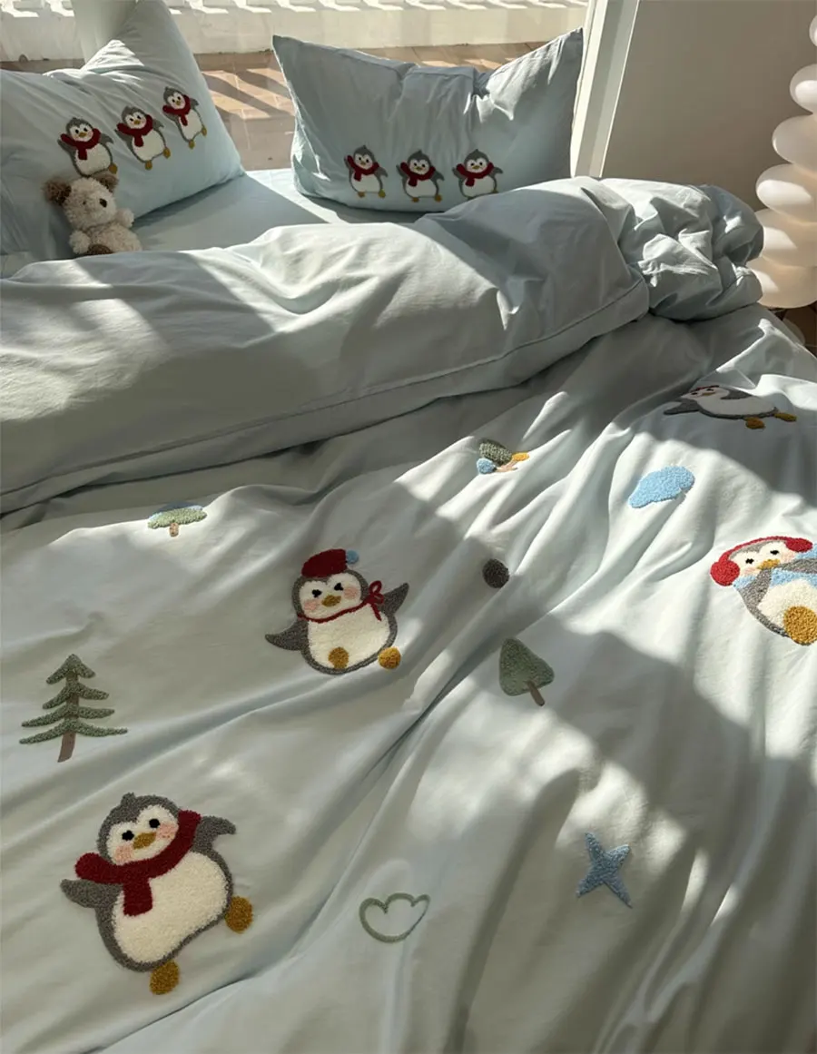 

Cute cartoon embroidery penguin bedding set,twin full queen king kawaii cotton home textile bed sheet pillow case quilt cover