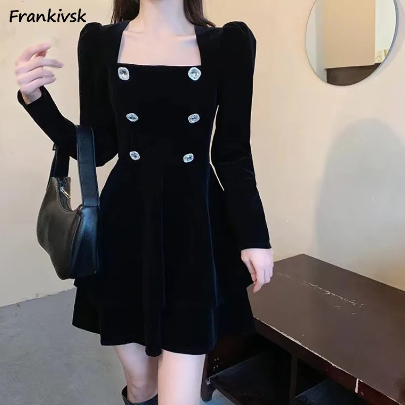 

Puff Sleeve Dresses Women Slim French Style Retro Square Collar Above Knee Elegant Chic Aesthetic Fairycore Autumn Winter Lounge