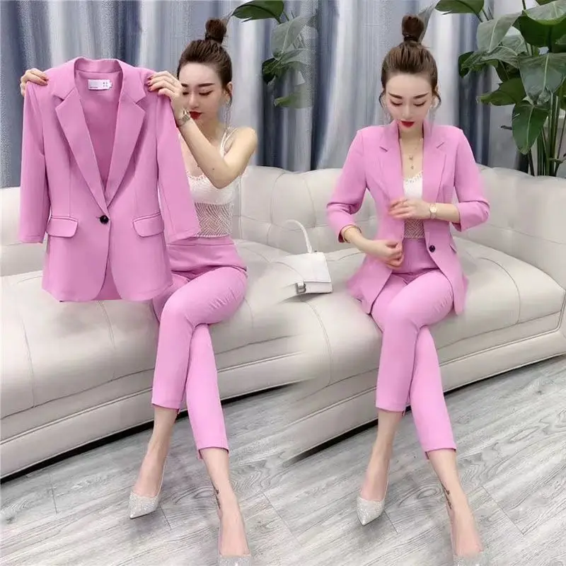 Korean Style Candy Color Elegant Women\'s Pants Suit Unlined Thin Jacket Pencil Pants Two Piece Office Casual Outfits