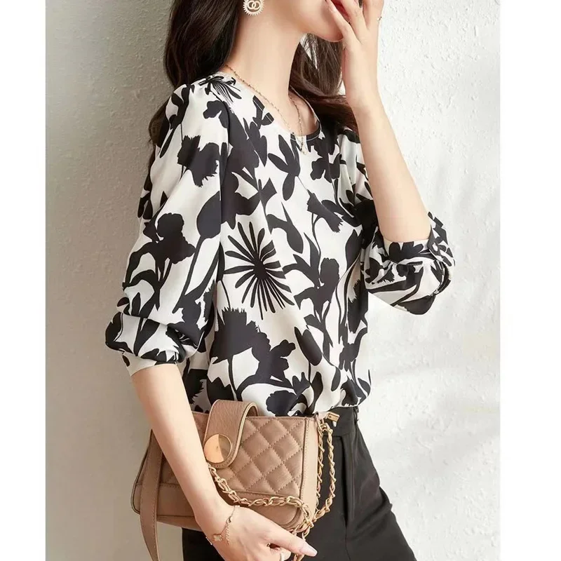 Elegant Fashion Printing Autumn Blouse Top Women New Classic Puff Sleeve Slim Long  O-collar Lady Pullover Shirt 2024 N305