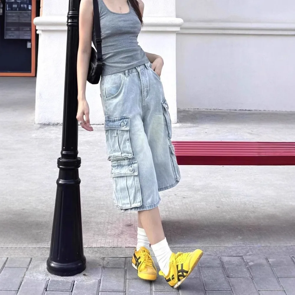 Invisibile con apertura sul cavallo Danni sessuali all'aperto Pantaloncini da uomo in denim Tasca estiva Utensili Jeans Tendenza Pantaloni larghi dritti retrò