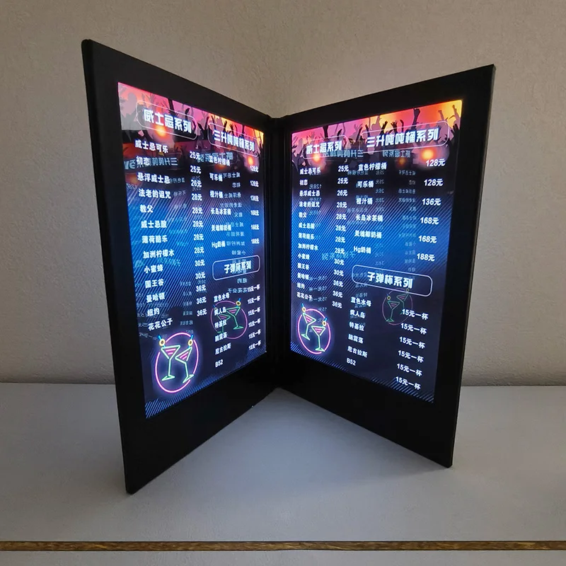 A4 Four Sided LED light box Menu Cover Book Rechargeable electronic Leather Display Tent Holder for Restaurant Bar Shop Cafe