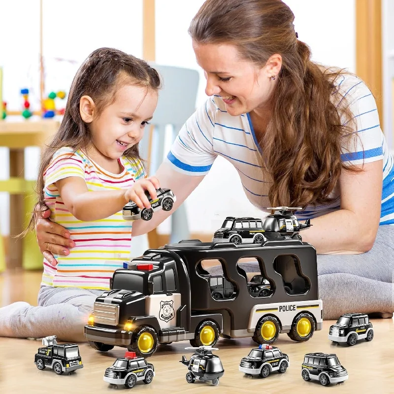 Ensemble de jouets de véhicule d'ingénierie de voiture de police équipé de musique LED avec 3 petites voitures 1 hélicoptère cadeau de puzzle sensoriel d'anniversaire pour enfants