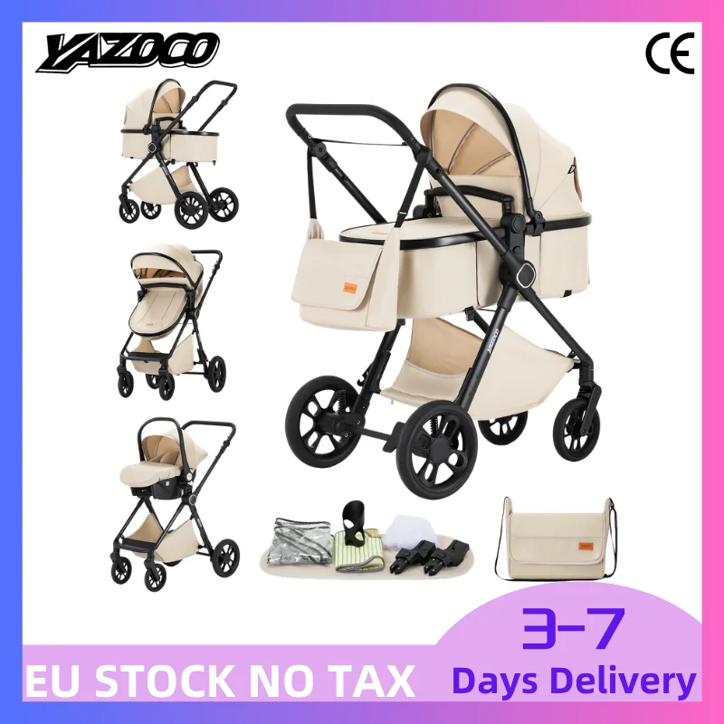 Kit de voyage pour poussette bébé Premium 3 en 1 High Sight, comprenant un siège auto certifié pour nourrisson, un cadre en alliage d'aluminium super léger et robuste, un coussin d'été respirant en maille aérée, une poussette bébé pliable automatiquement en un clic, une poussette multi-positions inclinable à plat pour tout-petit avec