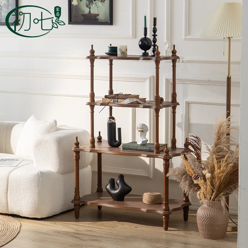 LMM medieval style solid wood multi-layer rack wabi sandy wind walnut color restaurant bogu rack