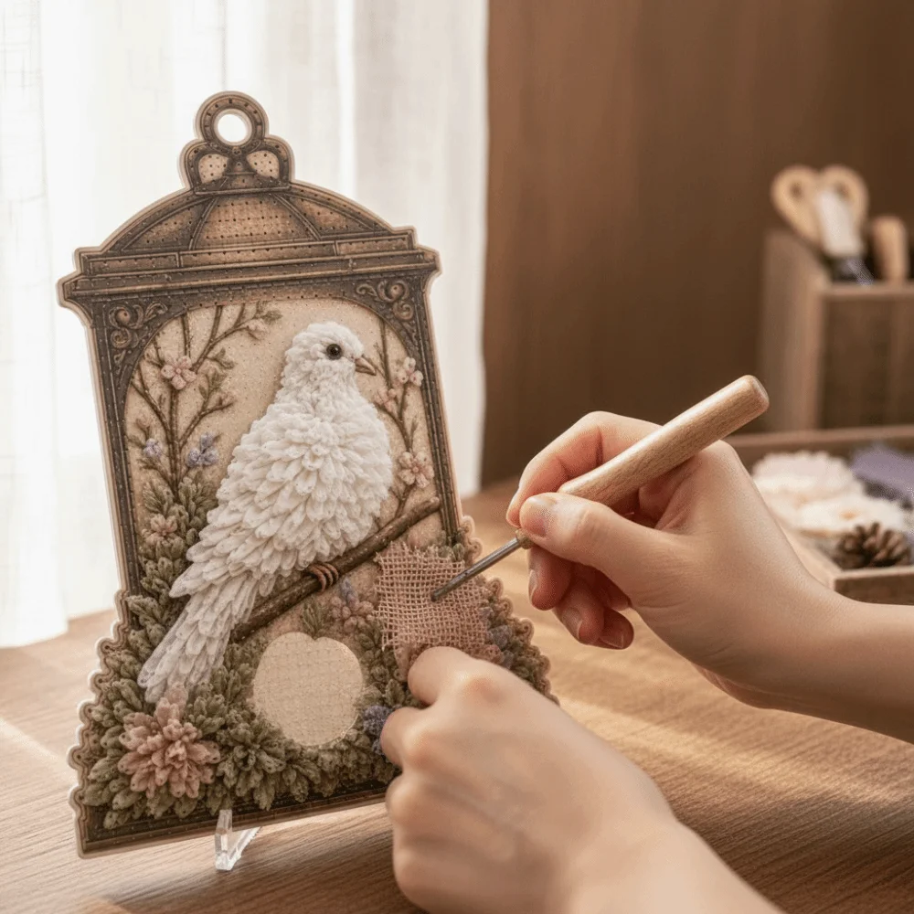 No Sewing Fabric Poke Art Thick Board Easy Make Bird Ornament DIY Stereo Visuals Pre-Cut Needle Craft Kit Craft Lovers