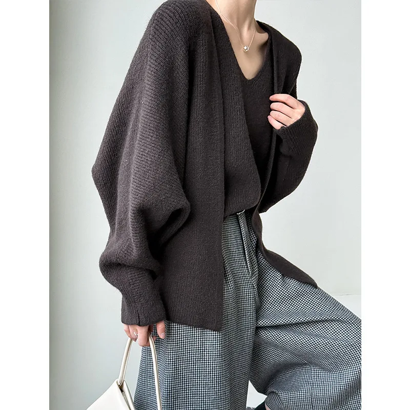 WHTREND Herbst Neue Lose Mantel + Weste Einfarbig Gestrickte Pullover Weibliche Casual Design Mode WH1741