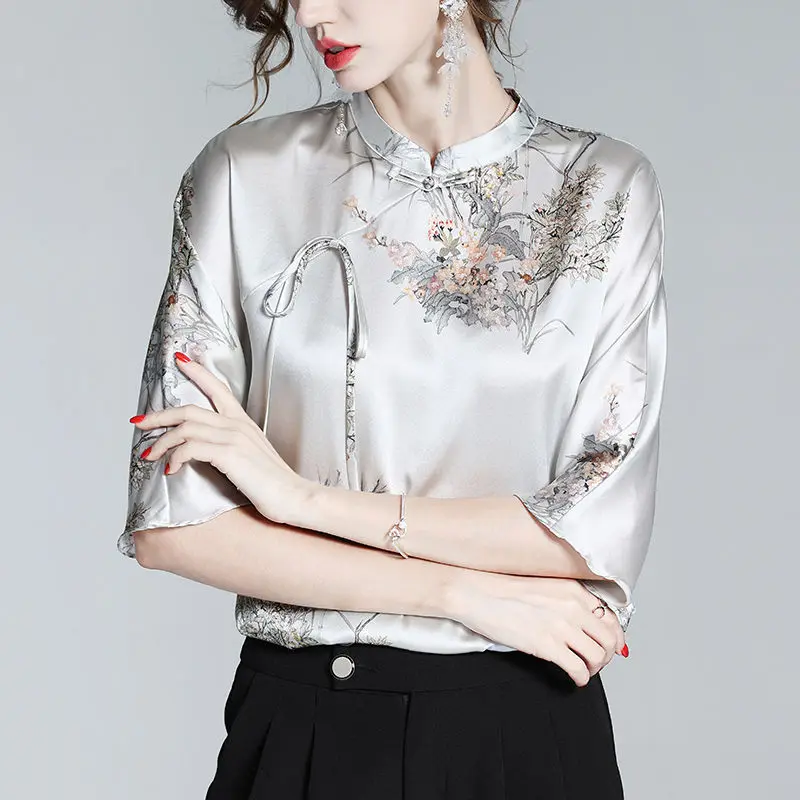 Summer Women\'s High Quality Satin Chinese Style Vintage Print Blouse Fashion Lace Up Stand Collar Shirt V Neck Half Sleeve Tops