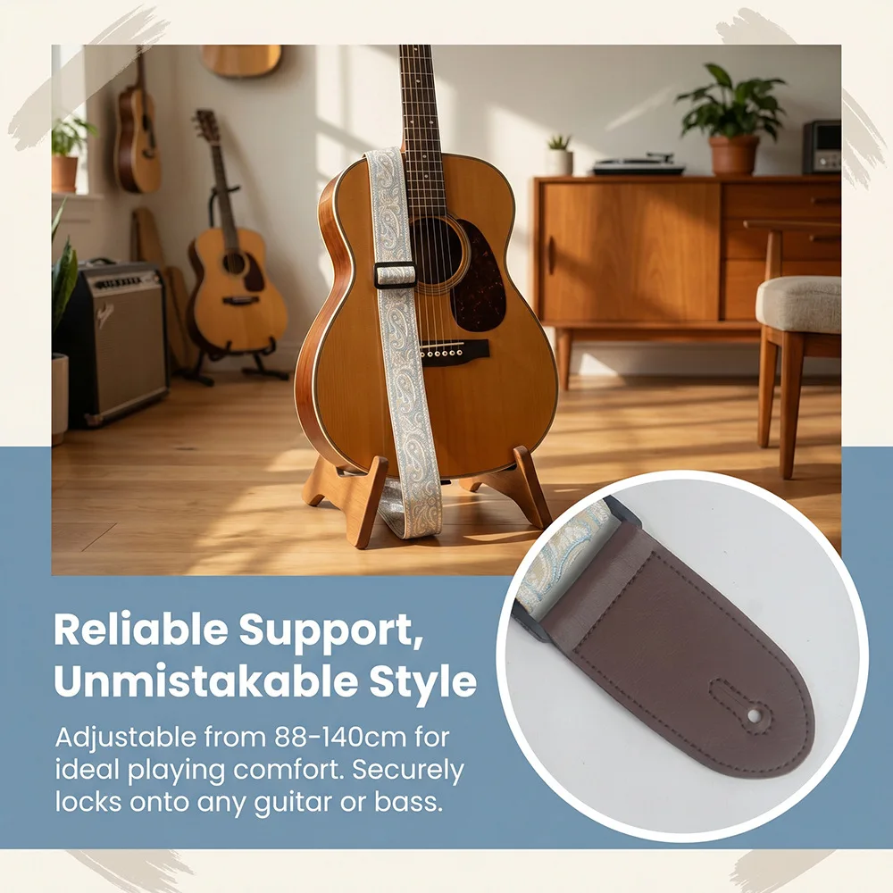 Gitarrengurt, bestickter Gürtel, verstellbare Gitarrengurte mit Lederenden für Bass-, Akustik-, Elektro-Gitarren und Ukulele-Instrumente – Detail 6